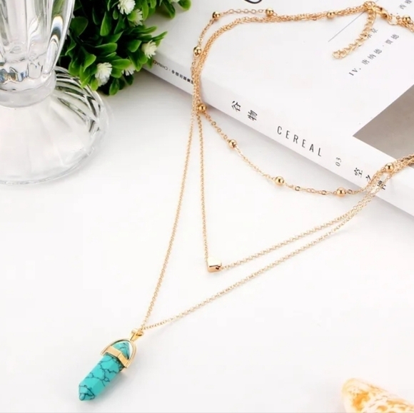 TURQUOISE Opal Crystal Stone Multi Layer Necklace Choker Heart Boho Gold - Picture 1 of 2